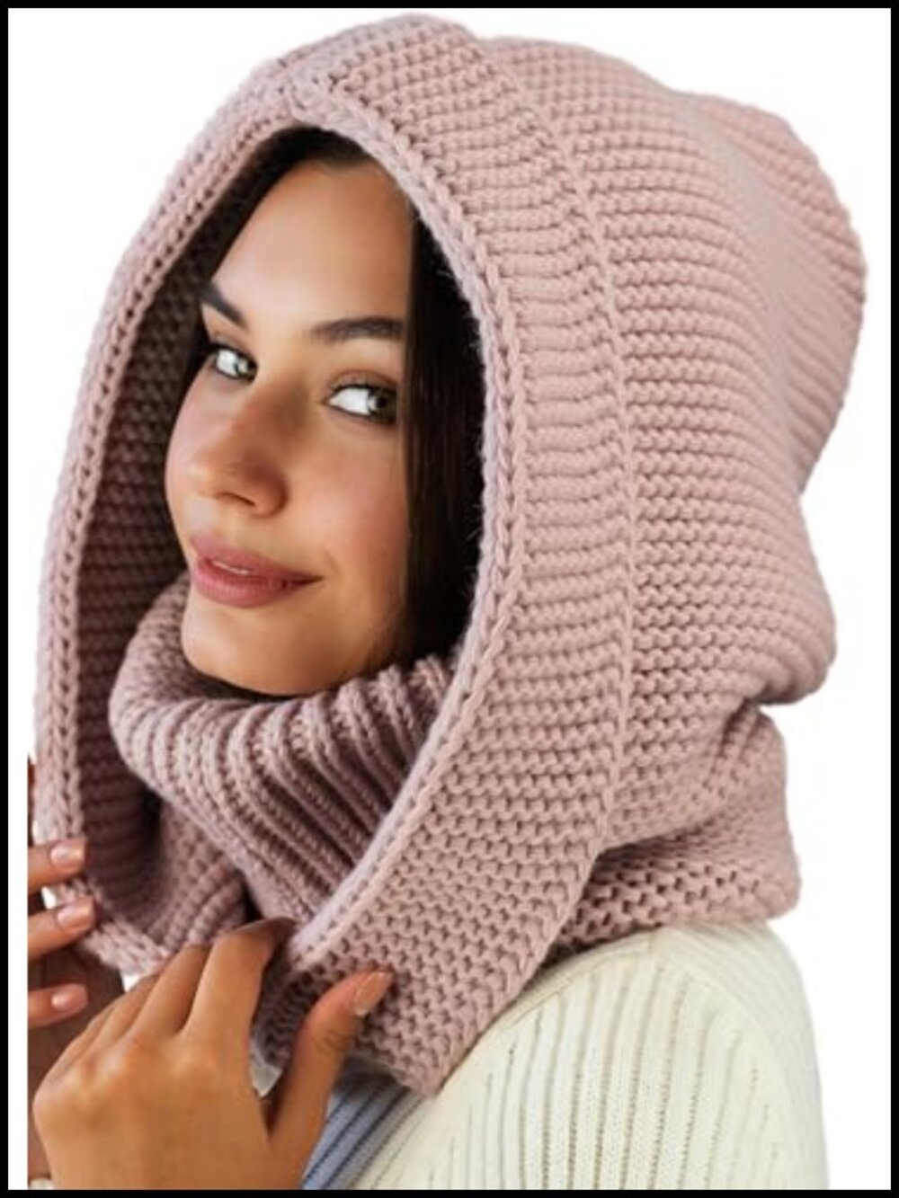 Wool Blend Knit Hooded Scarf Balaclava with Neck Gaiter